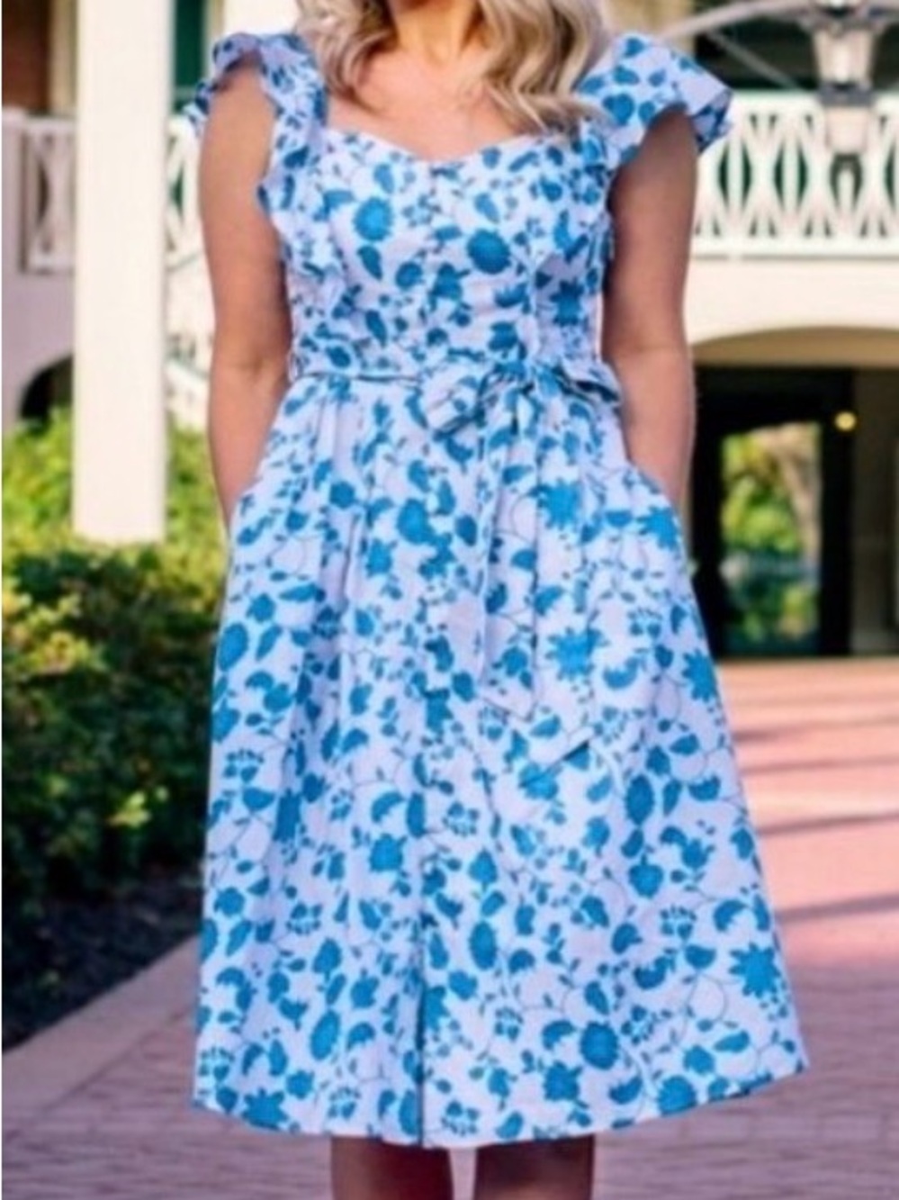 Gal Meets Glam Olivia Blue Floral Ruffle Midi Dress Sz 10